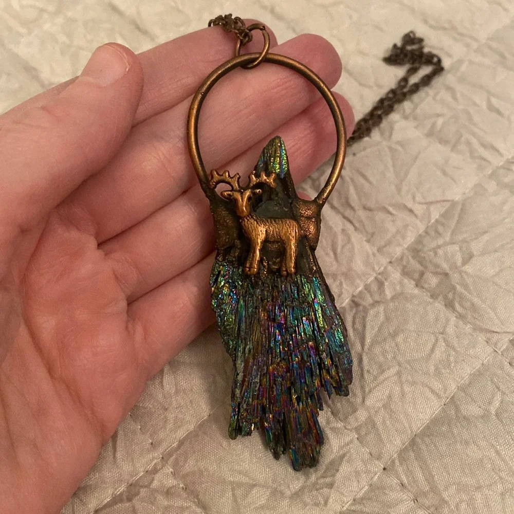 Handmade Electroformed 🌈 Rainbow Kyanite Deer Necklace - Picture 4 of 5